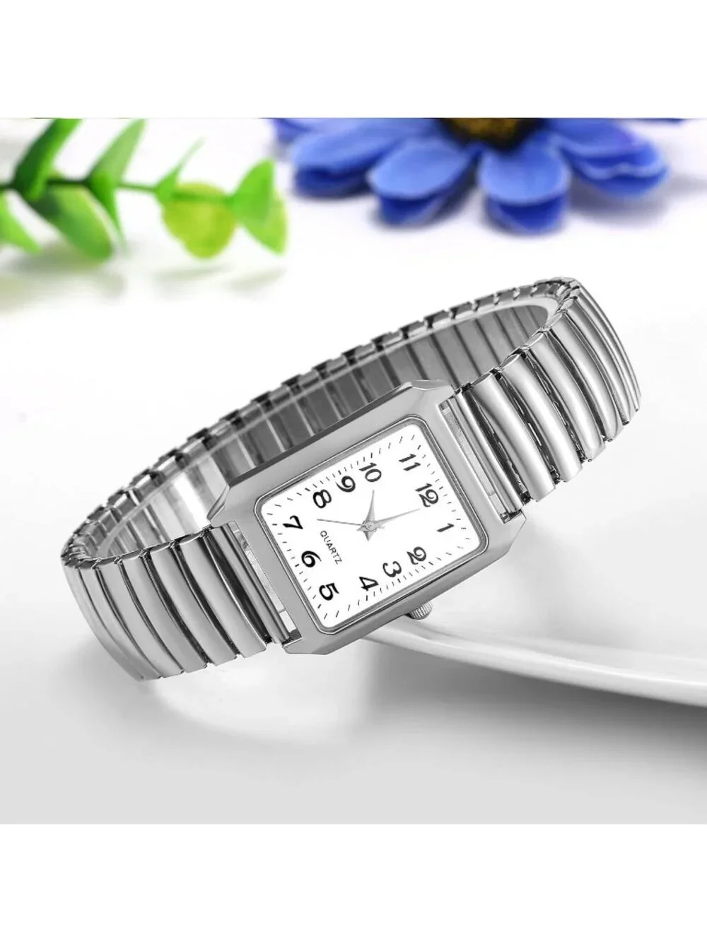 Women's Silver Analog Quartz White Dial Easy Reader Stretch Band Wrist Watch